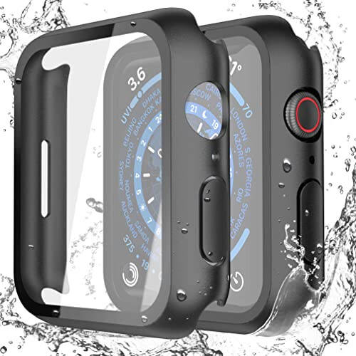 Misxi 2-Pack Waterproof Hard Case with Tempered Glass Compatible with Apple Watch Series 9 Series 8 Series 7 45mm, Ultra-Thin Tough Protective Cover for iWatch Screen Protector, Matte Black - 1