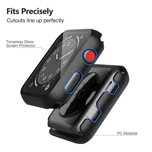 Misxi Case with Screen Protector for 38mm Apple Watch Series 3/2 | 2-Pack Cover with Tempered Glass for 3/2, Scratch Resistant Sensitive Touch, 1 Black + 1 Transparent 