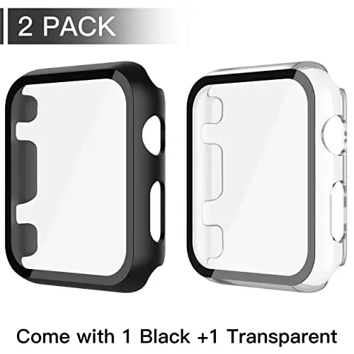 Misxi 2 Pack PC Case with Tempered Glass Screen Protector Compatible with Apple Watch Series 3 Series 2 42mm, HD Overall Shockproof Protective Cover for iWatch, 1 Black + 1 Transparent - MISXI (1)