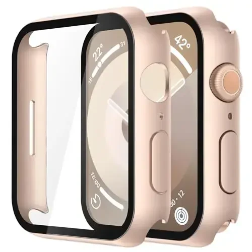 Misxi 2 Pack Tempered Glass Case Compatible for Apple Watch Series 9 Series 8 Series 7 41mm, Hard PC Screen Protector Overall Protection Scratch-Resistant Cover for iWatch, 1 Rose Gold + 1 Transparent - 1
