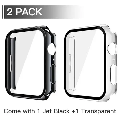 Misxi [2 Pack] Waterproof Hard Case with Tempered Glass Compatible with Apple Watch SE 3 (2025) SE 2 SE Series 6 Series 5 Series 4 40mm, Cover for iWatch Screen Protector, 1 Jet Black + 1 Transparent - 2