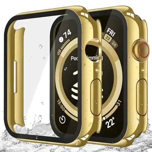 Misxi [2 Pack] Waterproof Hard Case with Tempered Glass Compatible with Apple Watch SE 3 (2025) SE 2 SE Series 6 Series 5 Series 4 40mm, PC Cover for iWatch Screen Protector, 1 Gold + 1 Transparent - 1