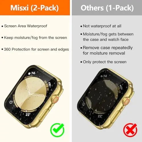 Misxi [2 Pack] Waterproof Hard Case with Tempered Glass Compatible with Apple Watch SE 3 (2025) SE 2 SE Series 6 Series 5 Series 4 40mm, PC Cover for iWatch Screen Protector, 1 Gold + 1 Transparent - 3