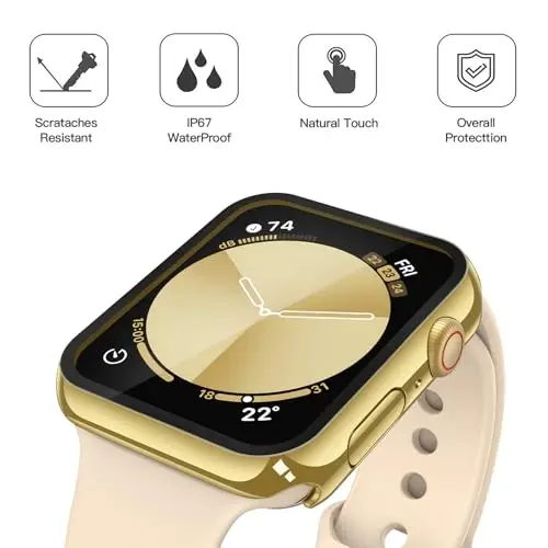 Misxi [2 Pack] Waterproof Hard Case with Tempered Glass Compatible with Apple Watch SE 3 (2025) SE 2 SE Series 6 Series 5 Series 4 44mm, Cover for iWatch Screen Protector, 1 Gold + 1 Transparent - 4