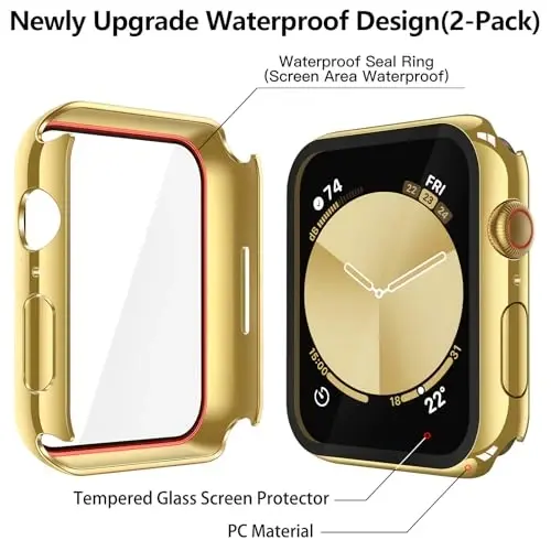 Misxi [2 Pack] Waterproof Hard Case with Tempered Glass Compatible with Apple Watch SE 3 (2025) SE 2 SE Series 6 Series 5 Series 4 44mm, Cover for iWatch Screen Protector, 1 Gold + 1 Transparent - 5