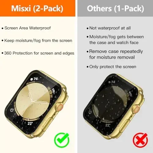 Misxi [2 Pack] Waterproof Hard Case with Tempered Glass Compatible with Apple Watch SE 3 (2025) SE 2 SE Series 6 Series 5 Series 4 44mm, Cover for iWatch Screen Protector, 1 Gold + 1 Transparent - 3