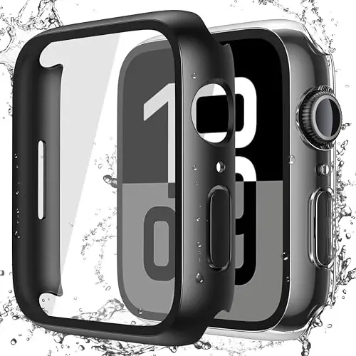 Misxi [2 Pack] Waterproof Hard Case with Tempered Glass Compatible with Apple Watch Series 11 (2025) Series 10 42mm, Overall Protective Cover for iWatch Screen Protector, 1 Black + 1 Transparent - 1