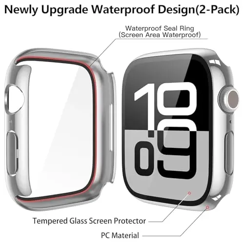 Misxi [2 Pack] Waterproof Hard Case with Tempered Glass Compatible with Apple Watch Series 11 (2025) Series 10 42mm, Overall Protective Cover for iWatch Screen Protector, 1 Silver + 1 Transparent - 4