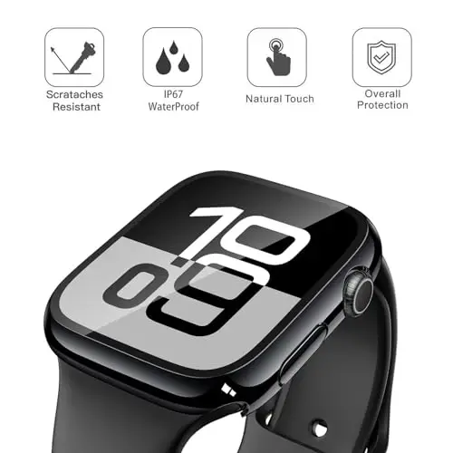 Misxi [2 Pack] Waterproof Hard Case with Tempered Glass Compatible with Apple Watch Series 11 (2025) Series 10 42mm, Overall Protective Cover for iWatch Screen Protector, 1 Jet Black + 1 Transparent - 4