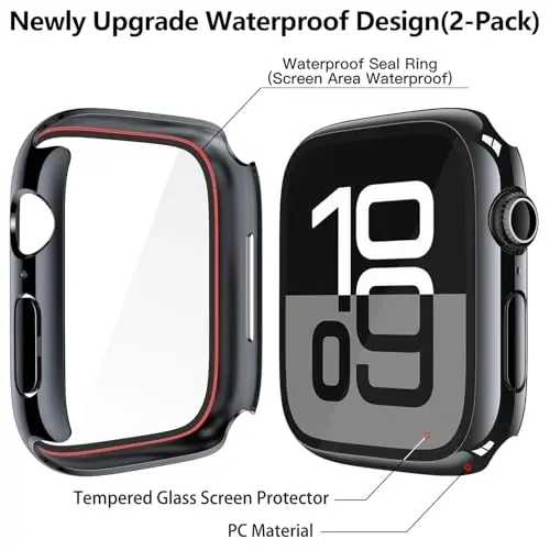 Misxi [2 Pack] Waterproof Hard Case with Tempered Glass Compatible with Apple Watch Series 11 (2025) Series 10 42mm, Overall Protective Cover for iWatch Screen Protector, 1 Jet Black + 1 Transparent - 5
