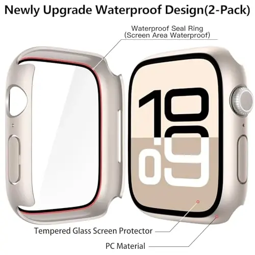 Misxi [2 Pack] Waterproof Hard Case with Tempered Glass Compatible with Apple Watch Series 11 (2025) Series 10 42mm, Overall Protective Cover for iWatch Screen Protector, 1 Starlight + 1 Transparent - 5