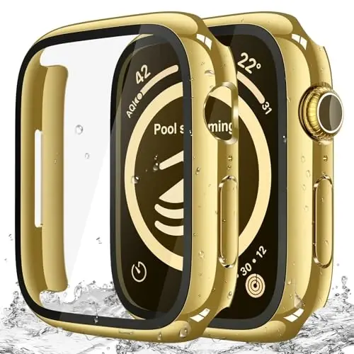 Misxi [2 Pack] Waterproof Hard Case with Tempered Glass Compatible with Apple Watch Series 11 (2025) Series 10 46mm, Overall Protective Cover for iWatch Screen Protector, 1 Gold + 1 Transparent - 1
