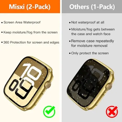 Misxi [2 Pack] Waterproof Hard Case with Tempered Glass Compatible with Apple Watch Series 11 (2025) Series 10 46mm, Overall Protective Cover for iWatch Screen Protector, 1 Gold + 1 Transparent - 3