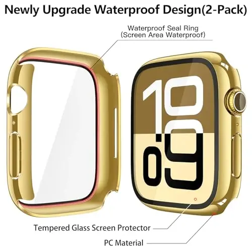 Misxi [2 Pack] Waterproof Hard Case with Tempered Glass Compatible with Apple Watch Series 11 (2025) Series 10 46mm, Overall Protective Cover for iWatch Screen Protector, 1 Gold + 1 Transparent - 5