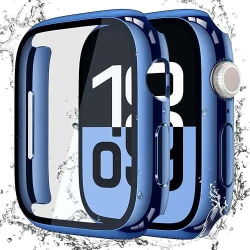 Misxi [2 Pack] Waterproof Hard Case with Tempered Glass Compatible with Apple Watch Series 11 (2025) Series 10 46mm, Overall Protective Cover for iWatch Screen Protector, 1 Blue + 1 Transparent 