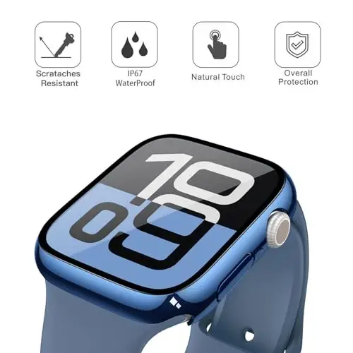 Misxi [2 Pack] Waterproof Hard Case with Tempered Glass Compatible with Apple Watch Series 11 (2025) Series 10 46mm, Overall Protective Cover for iWatch Screen Protector, 1 Blue + 1 Transparent - 4