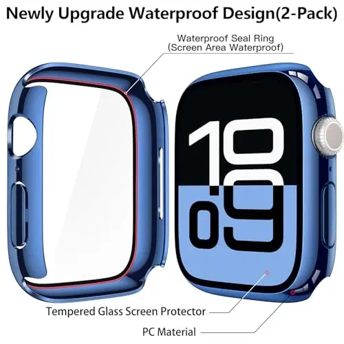 Misxi [2 Pack] Waterproof Hard Case with Tempered Glass Compatible with Apple Watch Series 11 (2025) Series 10 46mm, Overall Protective Cover for iWatch Screen Protector, 1 Blue + 1 Transparent - 5