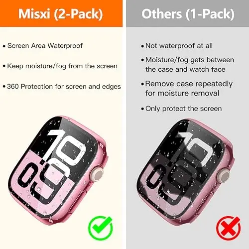 Misxi [2 Pack] Waterproof Hard Case with Tempered Glass Compatible with Apple Watch Series 11 (2025) Series 10 46mm, Overall Protective Cover for iWatch Screen Protector, 1 Rose Pink + 1 Transparent - 3