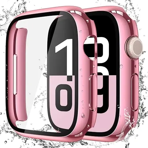 Misxi [2 Pack] Waterproof Hard Case with Tempered Glass Compatible with Apple Watch Series 11 (2025) Series 10 46mm, Overall Protective Cover for iWatch Screen Protector, 1 Rose Pink + 1 Transparent - 1