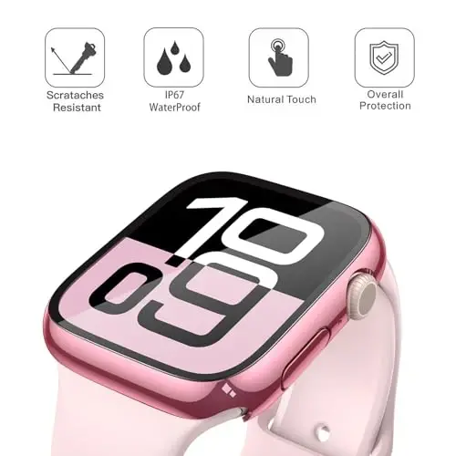 Misxi [2 Pack] Waterproof Hard Case with Tempered Glass Compatible with Apple Watch Series 11 (2025) Series 10 46mm, Overall Protective Cover for iWatch Screen Protector, 1 Rose Pink + 1 Transparent - 4