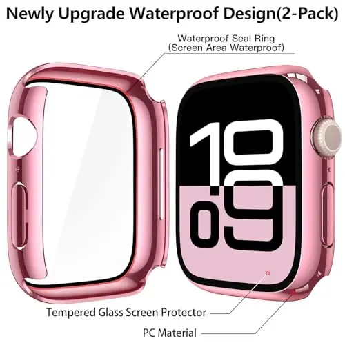 Misxi [2 Pack] Waterproof Hard Case with Tempered Glass Compatible with Apple Watch Series 11 (2025) Series 10 46mm, Overall Protective Cover for iWatch Screen Protector, 1 Rose Pink + 1 Transparent - 5