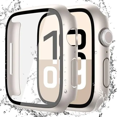 Misxi [2 Pack] Waterproof Hard Case with Tempered Glass Compatible with Apple Watch Series 11 (2025) Series 10 46mm, Anti-Fall Tough Overall Protective Cover for iWatch Screen Protector, Starlight - MISXI