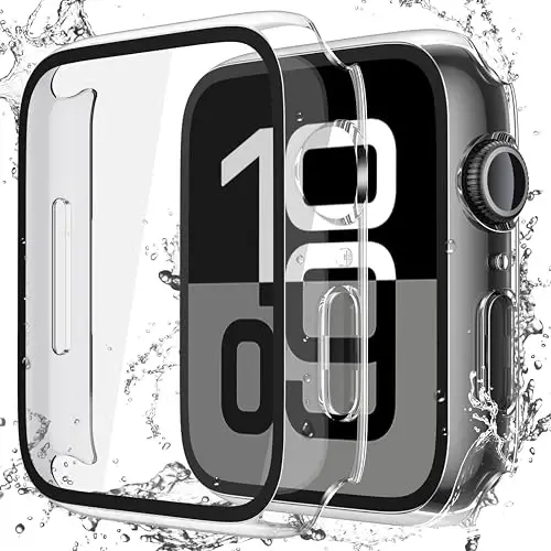 Misxi [2 Pack] Waterproof Hard Case with Tempered Glass Compatible with Apple Watch Series 11 (2025) Series 10 46mm, Ultra-Thin Anti-Fall Cover for iWatch Screen Protector, Crystal Transparent - 1