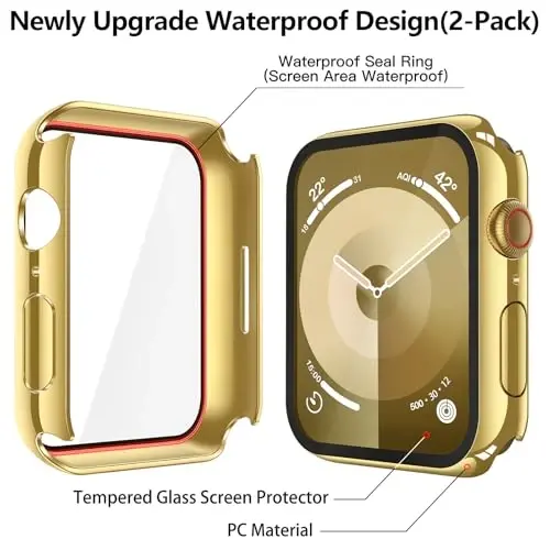Misxi [2 Pack] Waterproof Hard Case with Tempered Glass Compatible with Apple Watch Series 9 Series 8 Series 7 45mm, Ultra-Thin Cover for iWatch Screen Protector, 1 Gold + 1 Transparent - 5