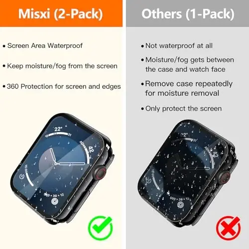 Misxi [2 Pack] Waterproof Hard Case with Tempered Glass Compatible with Apple Watch Series 9 Series 8 Series 7 45mm, Ultra-Thin Cover for iWatch Screen Protector, 1 Jet Black + 1 Transparent - 3