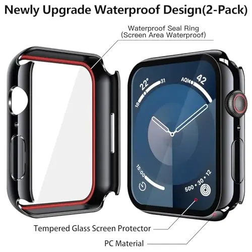 Misxi [2 Pack] Waterproof Hard Case with Tempered Glass Compatible with Apple Watch Series 9 Series 8 Series 7 45mm, Ultra-Thin Cover for iWatch Screen Protector, 1 Jet Black + 1 Transparent - 5
