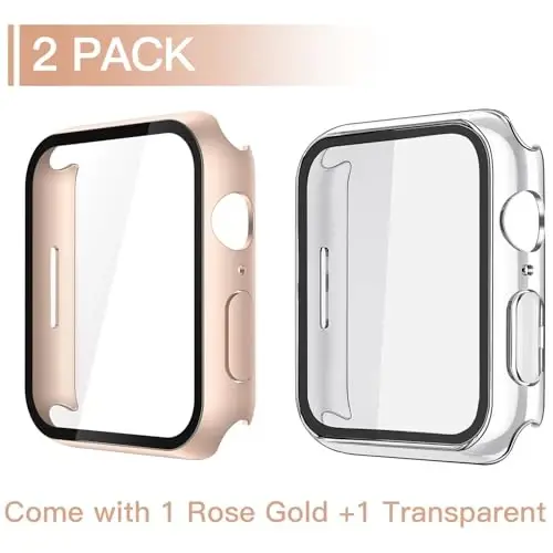 Misxi [2 Pack] Waterproof Hard Case with Tempered Glass Compatible with Apple Watch Series 9 Series 8 Series 7 45mm, Ultra-Thin Cover for iWatch Screen Protector, 1 Rose Gold + 1 Transparent - 2