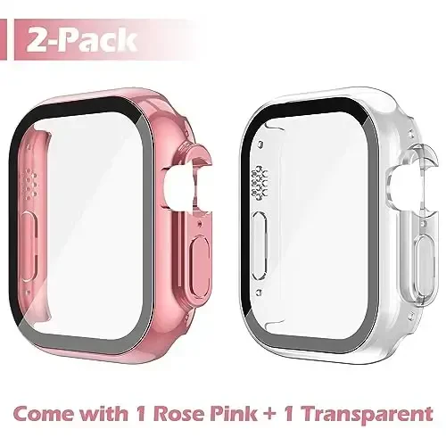 Misxi 2 Pack Hard PC Case with Tempered Glass Screen Protector Compatible with 49mm Apple Watch Ultra 3 (2025) / Ultra 2 / Ultra, Anti-Drop Scratch Resistant Lightweight Cover for iWatch, 1 Rose Pink + 1 Transparent - MISXI (1)