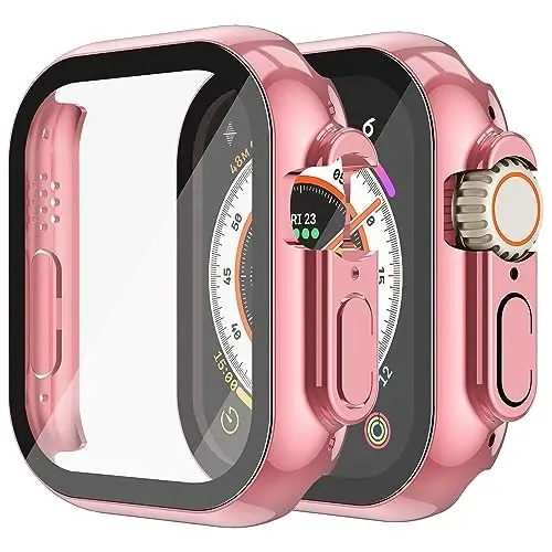 Misxi 2 Pack Hard PC Case with Tempered Glass Screen Protector Compatible with 49mm Apple Watch Ultra 3 (2025) / Ultra 2 / Ultra, Anti-Drop Scratch Resistant Lightweight Cover for iWatch, 1 Rose Pink + 1 Transparent - 1