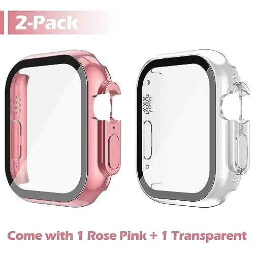 Misxi 2 Pack Hard PC Case with Tempered Glass Screen Protector Compatible with 49mm Apple Watch Ultra 3 (2025) / Ultra 2 / Ultra, Anti-Drop Scratch Resistant Lightweight Cover for iWatch, 1 Rose Pink + 1 Transparent - 2