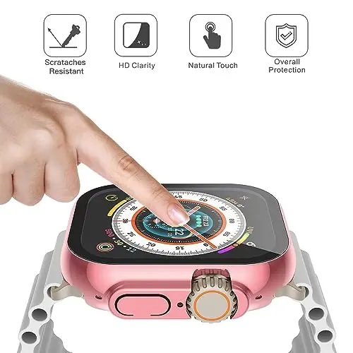 Misxi 2 Pack Hard PC Case with Tempered Glass Screen Protector Compatible with 49mm Apple Watch Ultra 3 (2025) / Ultra 2 / Ultra, Anti-Drop Scratch Resistant Lightweight Cover for iWatch, 1 Rose Pink + 1 Transparent - 3