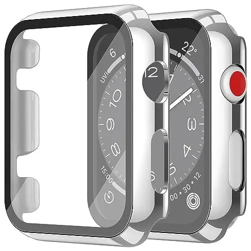Misxi 2 Pack Hard PC Case with Tempered Glass Screen Protector Compatible with Apple Watch Series 2 Series 3 42mm, Anti-Drop Scratch Resistant Lightweight Cover for iWatch, 1 Silver + 1 Transparent - 1