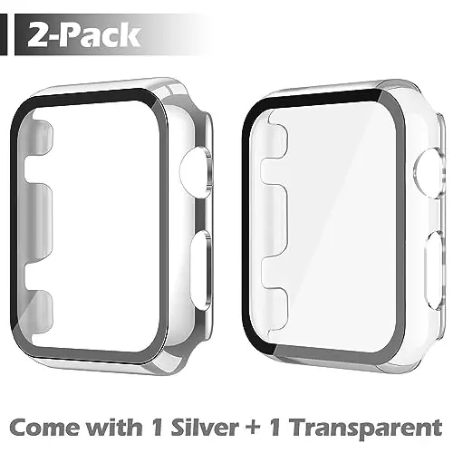 Misxi 2 Pack Hard PC Case with Tempered Glass Screen Protector Compatible with Apple Watch Series 2 Series 3 42mm, Anti-Drop Scratch Resistant Lightweight Cover for iWatch, 1 Silver + 1 Transparent - 2
