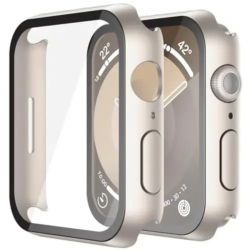 Misxi 2 Pack Hard PC Case with Tempered Glass Screen Protector Compatible with Apple Watch Series 9 Series 8 Series 7 45mm, Anti-Drop Scratch Resistant Lightweight Cover for iWatch, 2 Starlight - 1