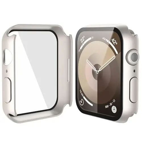 Misxi 2 Pack Hard PC Case with Tempered Glass Screen Protector Compatible with Apple Watch Series 9 Series 8 Series 7 45mm, Anti-Drop Scratch Resistant Lightweight Cover for iWatch, 2 Starlight - 5