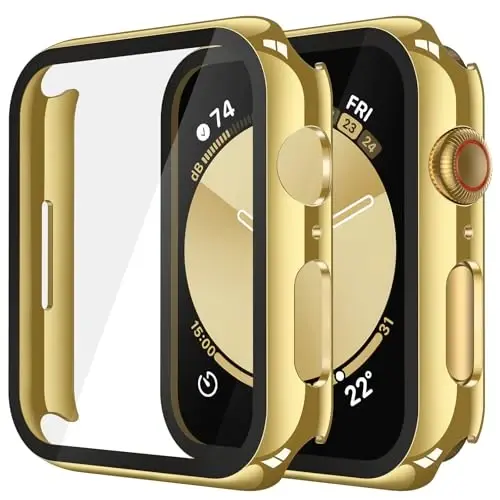 Misxi 2 Pack Tempered Glass Case Compatible for Apple Watch SE 3 (2025) SE 2 SE Series 6 Series 5 Series 4 44mm, Hard PC Screen Protector Overall Protection Cover for iWatch, 1 Gold + 1 Transparent - 1