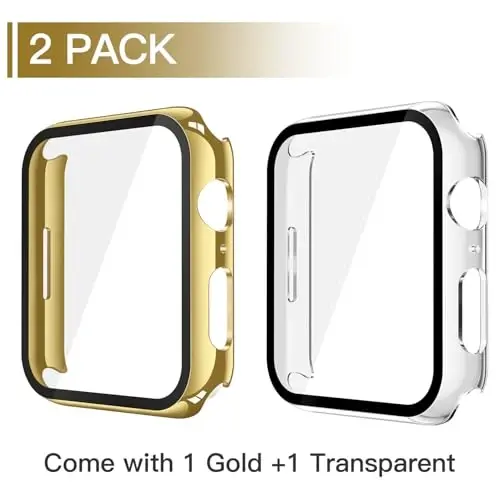 Misxi 2 Pack Tempered Glass Case Compatible for Apple Watch SE 3 (2025) SE 2 SE Series 6 Series 5 Series 4 44mm, Hard PC Screen Protector Overall Protection Cover for iWatch, 1 Gold + 1 Transparent - MISXI (1)