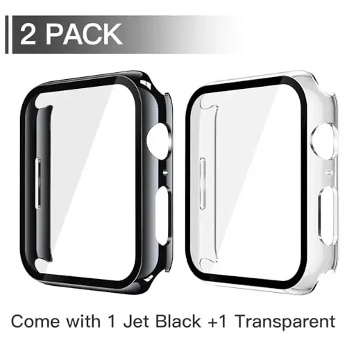 Misxi 2 Pack Tempered Glass Case Compatible for Apple Watch SE 3 (2025) SE 2 SE Series 6 Series 5 Series 4 44mm, Hard PC Screen Protector Protection Cover for iWatch, 1 Jet Black + 1 Transparent - MISXI (1)