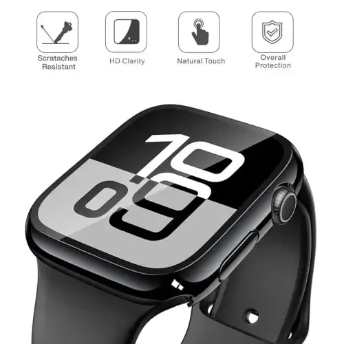 Misxi 2 Pack Tempered Glass Case Compatible for Apple Watch Series 11 (2025) Series 10 42mm, Hard PC Screen Protector Overall Protection Scratch-Resistant Cover for iWatch, 1 Jet Black + 1 Transparent - 3
