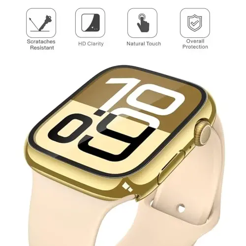 Misxi 2 Pack Tempered Glass Case Compatible for Apple Watch Series 11 (2025) Series 10 42mm, Hard PC Screen Protector Overall Protection Scratch-Resistant Cover for iWatch, 1 Gold + 1 Transparent - 3