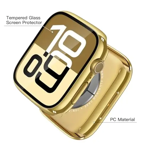 Misxi 2 Pack Tempered Glass Case Compatible for Apple Watch Series 11 (2025) Series 10 42mm, Hard PC Screen Protector Overall Protection Scratch-Resistant Cover for iWatch, 1 Gold + 1 Transparent - 4
