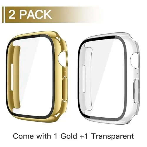 Misxi 2 Pack Tempered Glass Case Compatible for Apple Watch Series 11 (2025) Series 10 42mm, Hard PC Screen Protector Overall Protection Scratch-Resistant Cover for iWatch, 1 Gold + 1 Transparent - MISXI (1)