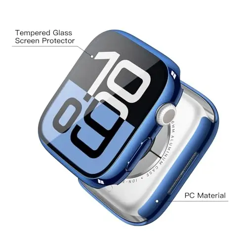 Misxi 2 Pack Tempered Glass Case Compatible for Apple Watch Series 11 (2025) Series 10 42mm, Hard PC Screen Protector Overall Protection Scratch-Resistant Cover for iWatch, 1 Blue + 1 Transparent - 4