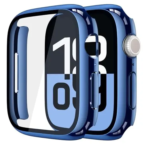 Misxi 2 Pack Tempered Glass Case Compatible for Apple Watch Series 11 (2025) Series 10 42mm, Hard PC Screen Protector Overall Protection Scratch-Resistant Cover for iWatch, 1 Blue + 1 Transparent - 1