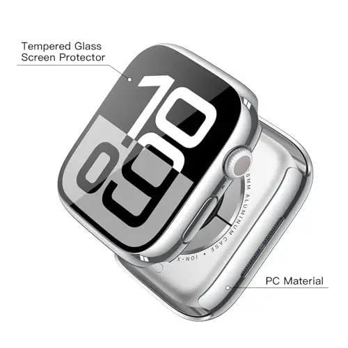 Misxi 2 Pack Tempered Glass Case Compatible for Apple Watch Series 11 (2025) Series 10 46mm, Hard PC Screen Protector Overall Protection Scratch-Resistant Cover for iWatch, 1 Silver + 1 Transparent - 4