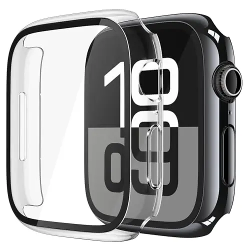 Misxi 2 Pack Tempered Glass Case Compatible for Apple Watch Series 11 (2025) Series 10 46mm, Hard PC Screen Protector Overall Protection Scratch-Resistant Cover for iWatch, 1 Jet Black + 1 Transparent - 1